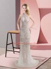 Backless Prom Dress Champagne for Prom and Party with Beading Sweep Train