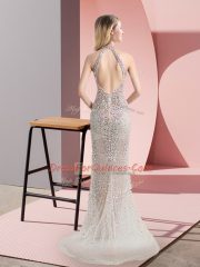 Backless Prom Dress Champagne for Prom and Party with Beading Sweep Train
