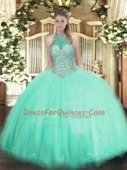 Exquisite Apple Green Ball Gowns Halter Top Sleeveless Tulle Floor Length Lace Up Beading Quinceanera Dresses