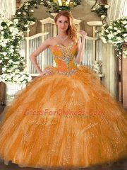 High End Orange Organza Lace Up Sweetheart Sleeveless 15 Quinceanera Dress Beading and Ruffles