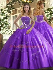 Strapless Sleeveless Quinceanera Gowns Floor Length Beading and Appliques Lavender Tulle