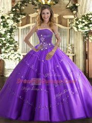 Strapless Sleeveless Quinceanera Gowns Floor Length Beading and Appliques Lavender Tulle