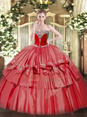 Coral Red Ball Gowns Organza and Taffeta Sweetheart Sleeveless Beading and Ruffled Layers Floor Length Lace Up Vestidos de Quinceanera