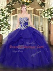 Unique Strapless Sleeveless Lace Up Vestidos de Quinceanera Blue Tulle