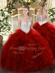 Wine Red Zipper Quince Ball Gowns Beading and Ruffles Sleeveless Floor Length