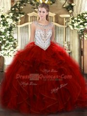 Wine Red Zipper Quince Ball Gowns Beading and Ruffles Sleeveless Floor Length