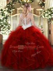 Wine Red Zipper Quince Ball Gowns Beading and Ruffles Sleeveless Floor Length