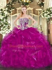 Strapless Sleeveless Lace Up Quinceanera Gown Fuchsia Organza