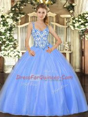 Chic Baby Blue Ball Gowns Straps Sleeveless Organza Floor Length Lace Up Beading and Appliques Ball Gown Prom Dress