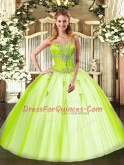 Sleeveless Floor Length Beading Lace Up Vestidos de Quinceanera with Yellow Green