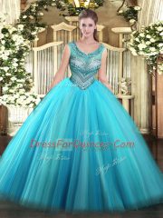 Floor Length Baby Blue Quinceanera Dress Tulle Sleeveless Beading