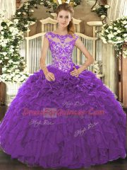 Floor Length Purple Quinceanera Gown Scoop Cap Sleeves Lace Up