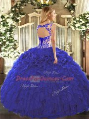 Floor Length Purple Quinceanera Gown Scoop Cap Sleeves Lace Up