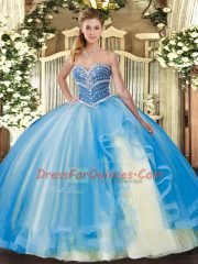 Graceful Baby Blue Lace Up Sweetheart Beading and Ruffles 15th Birthday Dress Tulle Sleeveless