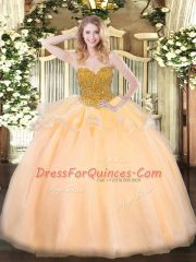 Dramatic Orange Red Ball Gowns Beading Quinceanera Gowns Lace Up Organza Sleeveless Floor Length