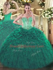 Beading and Ruffles Vestidos de Quinceanera Turquoise Lace Up Sleeveless Floor Length