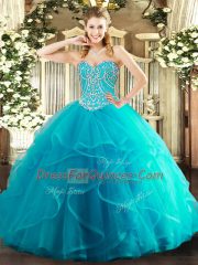 Chic Teal 15th Birthday Dress Military Ball and Sweet 16 and Quinceanera with Beading and Ruffles Sweetheart Sleeveless Lace Up