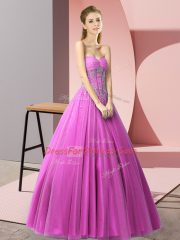 Affordable Sleeveless Tulle Floor Length Lace Up Prom Evening Gown in Lilac with Beading