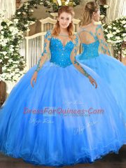 Scoop Long Sleeves Sweet 16 Dresses Floor Length Lace Baby Blue Tulle