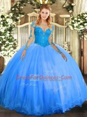 Scoop Long Sleeves Sweet 16 Dresses Floor Length Lace Baby Blue Tulle