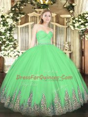 Modest Floor Length Zipper Vestidos de Quinceanera Green for Military Ball and Sweet 16 and Quinceanera with Beading and Lace and Appliques