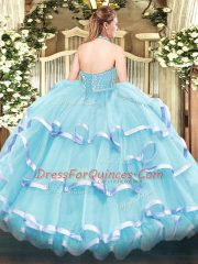 Hot Sale Lilac Lace Up Quinceanera Dresses Beading and Ruffled Layers Sleeveless Floor Length