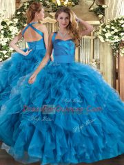 Custom Fit Ball Gowns 15 Quinceanera Dress Blue Halter Top Tulle Sleeveless Floor Length Lace Up