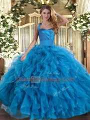 Custom Fit Ball Gowns 15 Quinceanera Dress Blue Halter Top Tulle Sleeveless Floor Length Lace Up