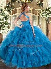 Custom Fit Ball Gowns 15 Quinceanera Dress Blue Halter Top Tulle Sleeveless Floor Length Lace Up