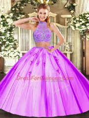Discount Lilac Tulle Criss Cross Halter Top Sleeveless Floor Length Sweet 16 Dresses Beading