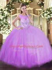 Delicate Lavender Sleeveless Floor Length Beading Zipper Sweet 16 Dresses
