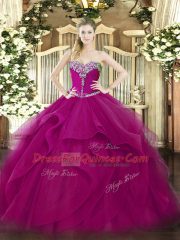 Fuchsia Sleeveless Tulle Lace Up Quinceanera Dresses for Military Ball and Sweet 16 and Quinceanera