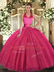 Cute Sleeveless Floor Length Sequins Lace Up Sweet 16 Dress with Hot Pink