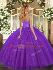 Cute Sleeveless Floor Length Sequins Lace Up Sweet 16 Dress with Hot Pink