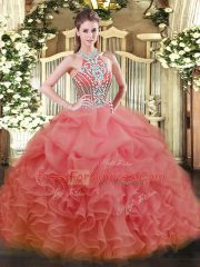Ball Gowns Quince Ball Gowns Watermelon Red Halter Top Tulle Sleeveless Floor Length Lace Up