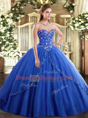 Ideal Blue Ball Gowns Tulle Sweetheart Sleeveless Appliques and Embroidery Lace Up Vestidos de Quinceanera Brush Train