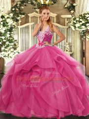 Admirable Hot Pink Ball Gowns Straps Sleeveless Tulle Floor Length Lace Up Beading and Ruffles Quinceanera Gown