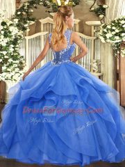 Admirable Hot Pink Ball Gowns Straps Sleeveless Tulle Floor Length Lace Up Beading and Ruffles Quinceanera Gown