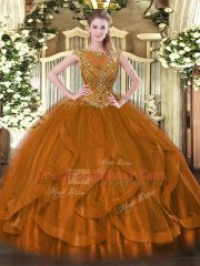 Floor Length Brown Sweet 16 Dress Scoop Sleeveless Zipper