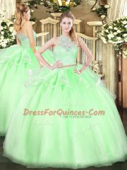 Custom Designed Apple Green Tulle Zipper 15 Quinceanera Dress Sleeveless Floor Length Lace