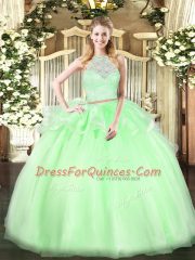 Custom Designed Apple Green Tulle Zipper 15 Quinceanera Dress Sleeveless Floor Length Lace