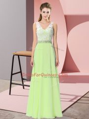 Dazzling Chiffon V-neck Sleeveless Backless Beading Prom Dress in Yellow Green