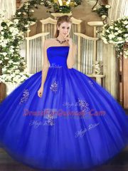 Blue Tulle Zipper Strapless Sleeveless Floor Length 15 Quinceanera Dress Appliques