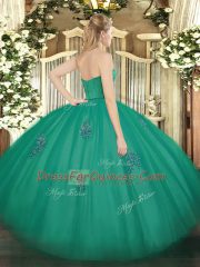 Blue Tulle Zipper Strapless Sleeveless Floor Length 15 Quinceanera Dress Appliques