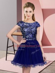 Admirable Blue Zipper Dama Dress Sequins Cap Sleeves Mini Length