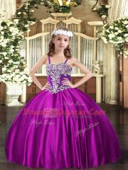 Fuchsia Little Girls Pageant Dress Party and Quinceanera with Appliques Straps Sleeveless Lace Up