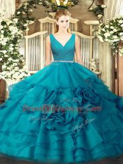 Teal Sleeveless Beading Floor Length Quinceanera Gown