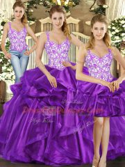 Best Eggplant Purple Sweet 16 Dresses Military Ball and Sweet 16 and Quinceanera with Beading and Ruffles Straps Sleeveless Lace Up