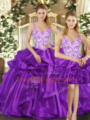 Best Eggplant Purple Sweet 16 Dresses Military Ball and Sweet 16 and Quinceanera with Beading and Ruffles Straps Sleeveless Lace Up