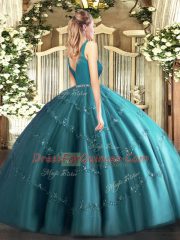 High Class Ball Gowns Quinceanera Dresses Olive Green V-neck Tulle Sleeveless Floor Length Zipper